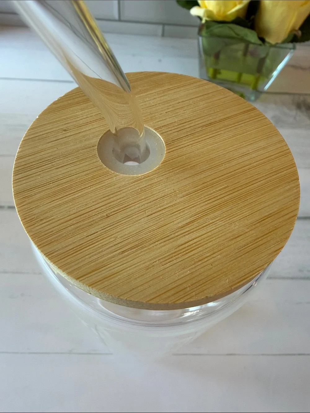 Glass Straw Tumbler with Bamboo Lid - White Lettering